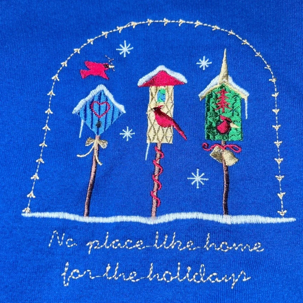 Vintage Holiday Embroidered Birdhouse Sweatshirt Womens XXL Blue Christmas Cozy - Picture 7 of 10